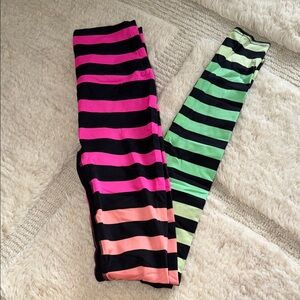 K-DEER Women's Striped Leggings in Pink, Coral & Mint with Black